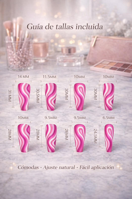 Uñas Postizas VanityGlow | Diseño Ondas Rosa | Press-On Reutilizables